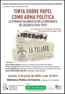 Presentación del libro «Tinta sobre papel como arma política. La prensa falangista en la provincia de Cáceres (1933-1937) de David Corchado Guillén, Premio Ópera Prima «Ana Holgado» 2020